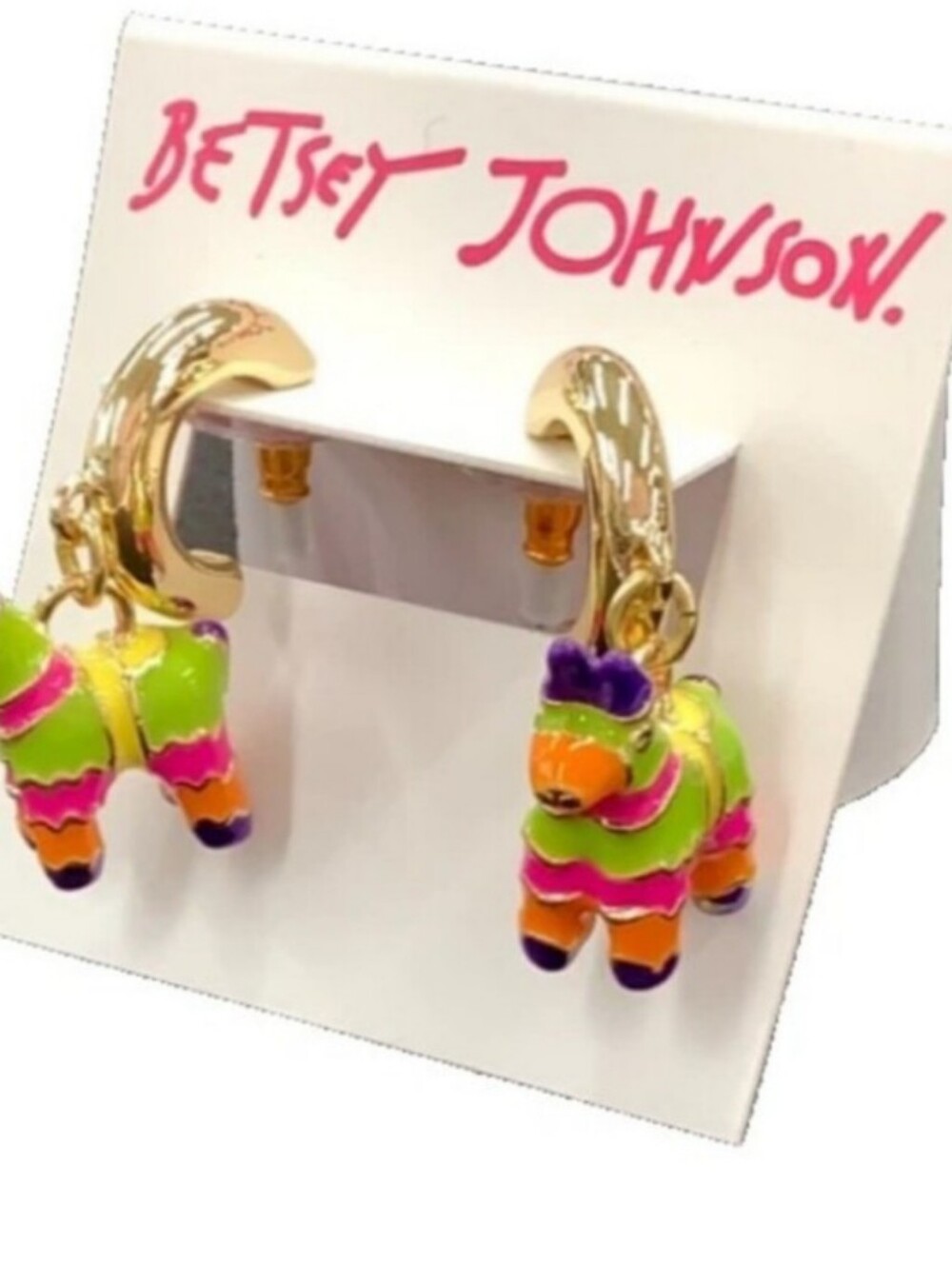 Betsey Johnson Gold Hoop Earrings with Green Pink Orange Piñata Charms